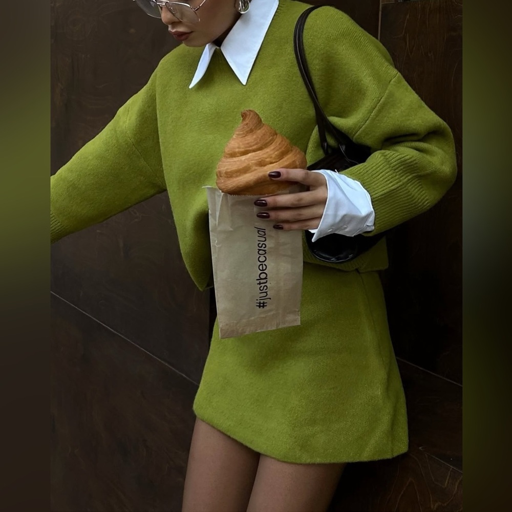 Zara Set - Light Green Wool Blend Basic Knit Sweater & Mini Skirt - Picture 4 of 17